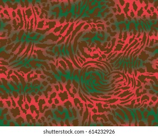 Leopard pattern, vector, illustration, seamless, print, wallpaper, background, texture in red, green and brown.