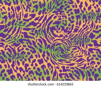 Leopard pattern, vector, illustration, seamless, print, wallpaper, background, texture in orange, purple, and green.