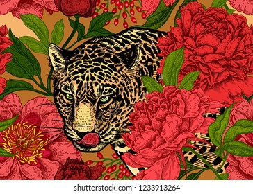 Leopard and peonies. Seamless floral pattern with animals and garden flowers. Modern decor Beast style. Vector illustration. Template for paper, textile, wallpaper. Full color ornament.