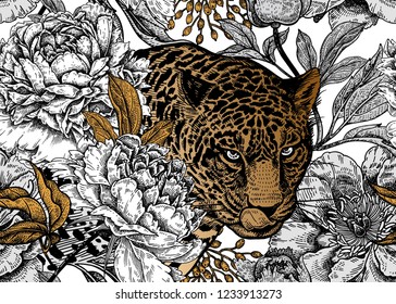 Leopardo e peônias. Padrão floral sem costura com animais e flores de jardim. Decoração moderna estilo Beast. Ilustração vetorial. Modelo para papel, têxtil, papel de parede. Folha preta, branca e dourada.