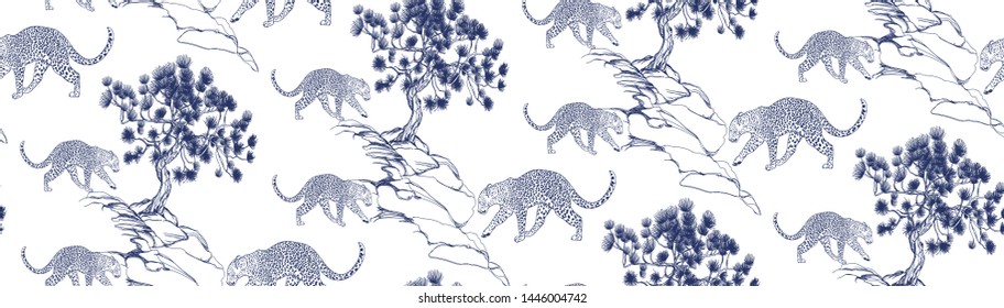 Leopard and pine, vector illustration, japanese chinese style. Blue on a white background. Typographic graphic print, fashionable pattern for fabrics, packaging, wallpaper.