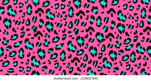 Leopard pink, black and blue seamless pattern. Animalistic hand-drawn background. Vector illustration.