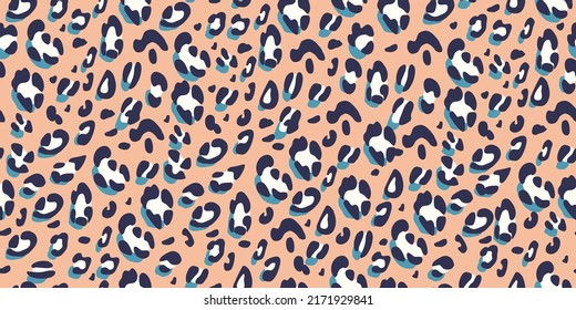 Leopard pink and blue seamless pattern. Animalistic print for fabric, paper. Vector hand-drawn background. 