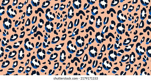 Leopard pink and blue seamless pattern. Animalistic print for fabric, paper. Vector hand-drawn background