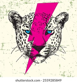 LEOPARD AND PINK LIGHTNING IN FACE BLUE EYES AND GRUNGE