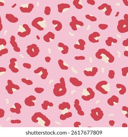 Leopard pink and red abstract monochrome seamless pattern. Animal print endless background. Cheetah or panther skin texture repeat cover. Vector hand drawn fashion print illustration.