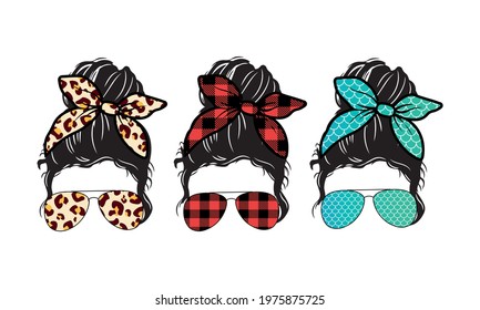 Leopard plaid, Buffalo plaid and Mermaid Messy Bun Mom life Vector and illustration