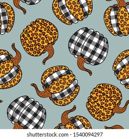 
Leopard Plaid Pumpkin seamless pattern. Farmhouse Decor. Vector illustration. 