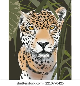 leopard portrait hidden between palm leaves on green background