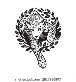 Leopard portrait inside a decorative leaf circle with wildlife