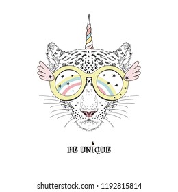 Leopard portrait wearing bright colored Unicorn accessories. T-shirt print. Hand drawn vector illustration.