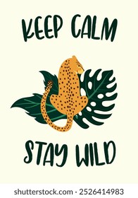 Leopard poster. Vector illustration. Graphic templates with a cheetah surrounded by tropical leaves in trendy abstract style
