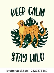 Leopard poster. Vector illustration. Graphic templates with a cheetah surrounded by tropical leaves in trendy abstract style