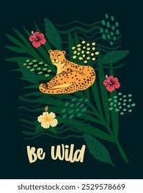 Leopard poster. Vector illustration. Graphic templates with a cheetah surrounded by tropical leaves in trendy abstract style