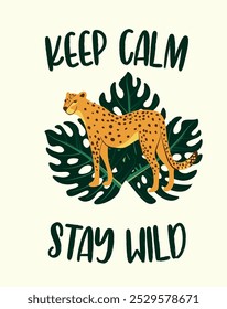 Leopard poster. Vector illustration. Graphic templates with a cheetah surrounded by tropical leaves in trendy abstract style
