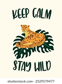 Leopard poster. Vector illustration. Graphic templates with a cheetah surrounded by tropical leaves in trendy abstract style