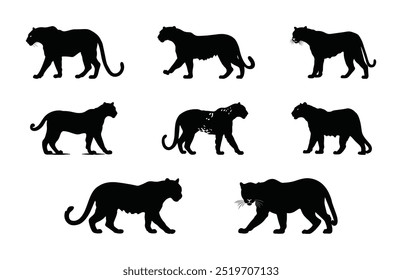 Leopard Predator Silhueta Clipart Bundle, Conjunto de Silhueta Preta Vetor Leopard