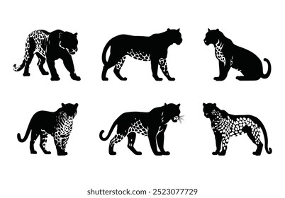 Leopard Predator Silhouette Vetor Set, Leopard Black Silhouette Clipart Bundle