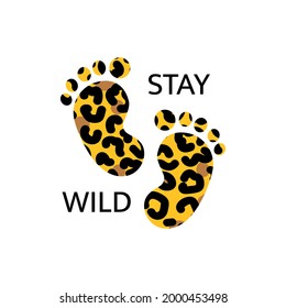 Leopard print baby footprint icon. Beige and brown color. Stay wild inscription. Isolated vector stock illustration for banner and poster