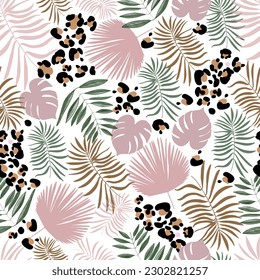 Leopard print baby seamless fabric design pattern and tropical leaves