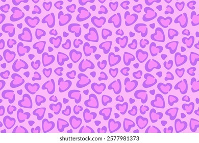 Leopard print background with hand drawn hearts, purple color, retro and modern style