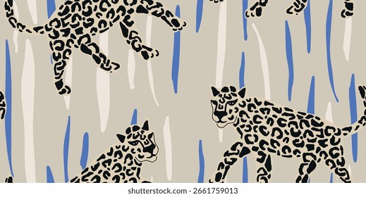 Leopard Print with Blue and White Stripes Seamless Pattern