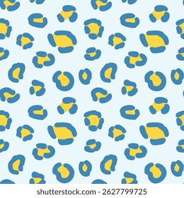 Leopard print with blue and yellow spots, seamless pattern for fabric, wallpaper, and design