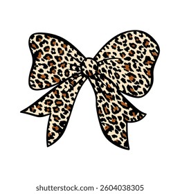 Leopard print bow vector illustration. Cute ribbon knot with wild animal skin pattern. Fashion hair accessory design isolated on white background.