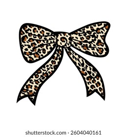 Leopard print bow vector illustration. Cute ribbon knot with wild animal skin pattern. Fashion hair accessory design isolated on white background.