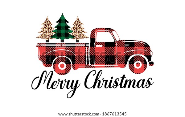 Leopard print and\
buffalo plaid Tree on the buffalo plaid Vintage Truck - Merry\
Christmas Vector and artclip\
