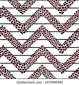 Leopard Print Chevron Seamless Pattern. Hand Drawn Doodle Animal Skin Spots. Vector Abstract Zig zag Striped Pink Black White Colors Background.