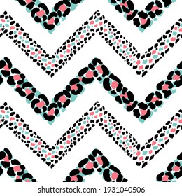 Leopard Print Chevron Seamless Pattern. Hand Drawn Doodle Animal Skin Spots. Vector Abstract Zig zag Striped Background