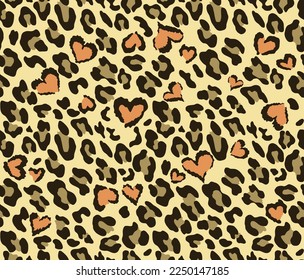 
Leopard print with heart seamless trendy pattern vector texture, animal background.