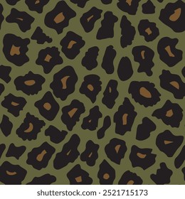 Leopard print khaki texture vector seamless pattern for textile, disguise, wild cat. Camouflage repeats seamless army green hunting leopard jaguar.