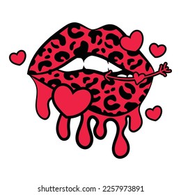 Leopard Print Kiss Lips Theme Decorated Design. Isolated vector illustration Valentines Day Hearts And Arrow