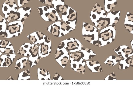 Leopard print. Leaves. Seamless vector illustration for wallpaper, fabric, packaging, textile.