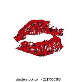 Leopard print lips. Red lipstick kiss with animal pattern. Vector template for greeting card, poster, banner, label, etc.