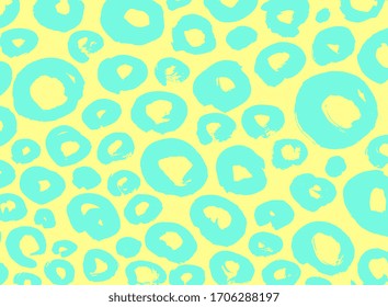 Leopard print. Memphis circles pattern. Abstract brush stroke painting. Cute vector artwork. Amazing hand drawn illustration. Trendy vintage, retro. Banner, wallpaper, print. Green and yellow colors. 