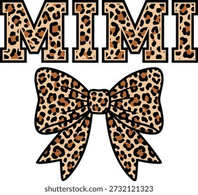 Leopard print Mimi text with bow icons in black outline style isolated on a white background