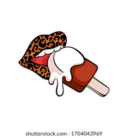Leopard print mouth biting chocolate ice cream with melting cream - sexy woman's lips with animal pattern eating sweet dripping dessert. Flat isolated vector illustration.