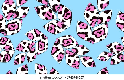 
Leopard print on a blue background, summer pattern. Branch with leaves. Imitation of skins. Seamless vector illustration for wallpaper, fabric, fabric, packaging.