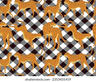impresión leopardo sobre fondo de plaids en blanco y negro