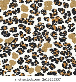 Leopard print pattern, glittery gold and black on a white background.  tiny leopard seamless pattern vector illustration, doodle summer, kids and baby designs for print fabric.