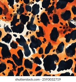 Leopard print pattern, orange and black color, animal skin vector illustration. Watercolor print in rustic vintage style, textile or wallpapers.
