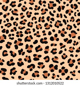 Leopard print pattern. Seamless vector background. Animal skin imitation texture. Black and brown spots on a beige background. Abstract repeating pattern. It can be used on clothes or fabric.