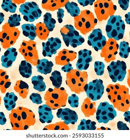 Leopard print pattern, in shades of blue and orange on a cream background, animal skin vector illustration. Watercolor print in rustic vintage style, textile or wallpapers.