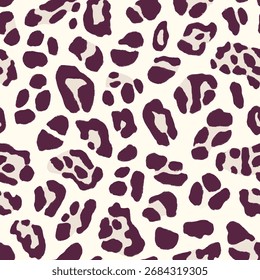Leopard print pattern, simple design, purple and white on a cream background. Woodblock print seamless pattern, seamless repeating vector, design for textile print.