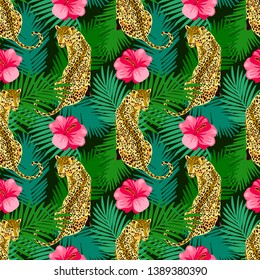 Leopard print pattern with tropical leaves background. Popular seamless pattern design. Wild big cats
