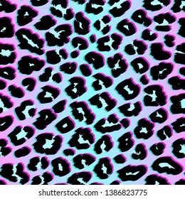 Leopard print pattern. Vector seamless background. Animal skin texture in retro 1980 - 1990's fashion style, trendy neon colors, holographic effect. Vibrant pop art pattern. Bright repeating design
