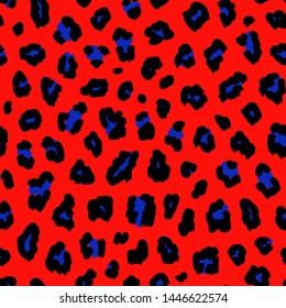 Leopard print pattern. Vector seamless background. Animal skin texture in retro 1980s - 1990s fashion style, trendy neon colors, red, blue and black. Vibrant pop art pattern. Bright repeat design 